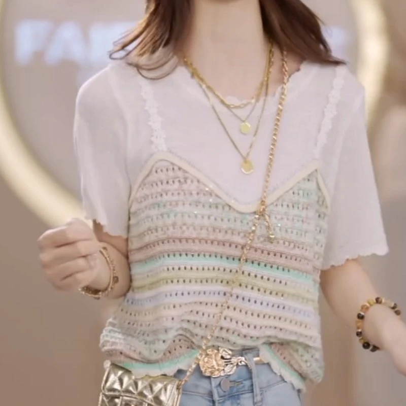千金风减龄假两件针织吊带短袖t恤女2025夏季新款镂空体恤上衣