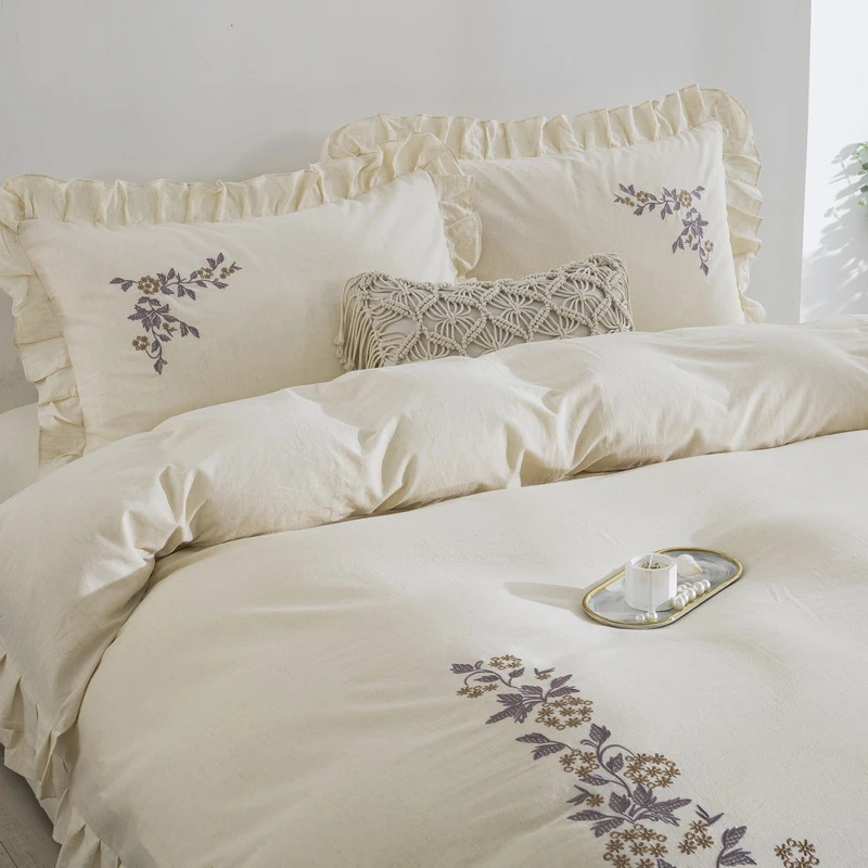 【段姐定制】棉麻色织藤蔓花刺绣床品四件套透气吸汗轻奢四季机洗