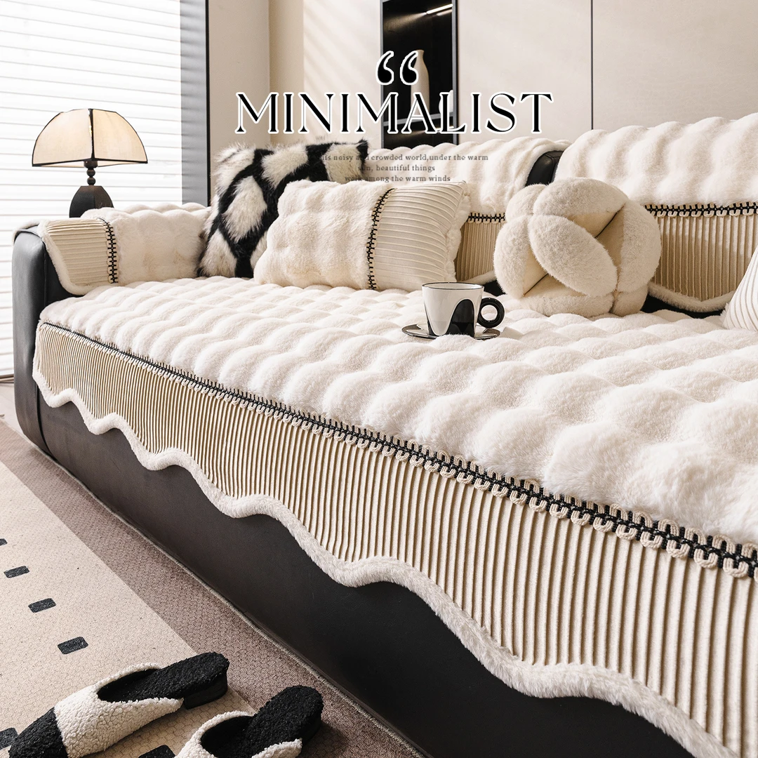 (异形云端)秋冬款法式奶油风加厚毛绒沙发垫直排固定防滑沙发盖布