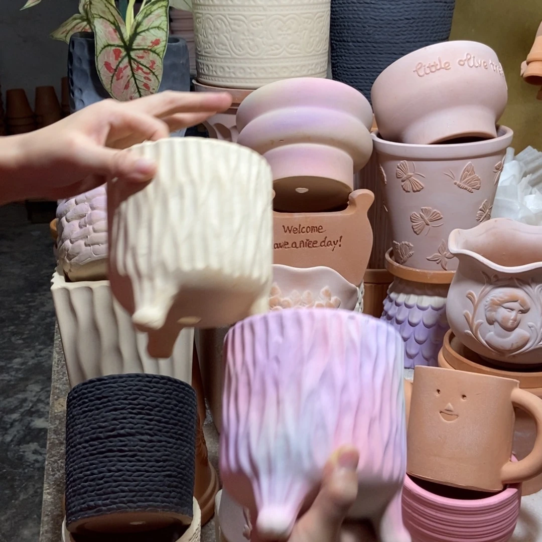 13×14三脚树纹 白+彩 粗陶2个