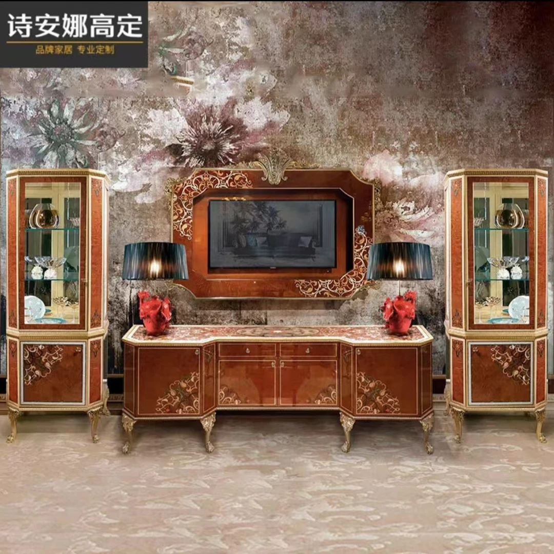 意大利法式欧式实木贝壳拼花工艺餐边酒柜法式雕花收纳餐边柜酒柜
