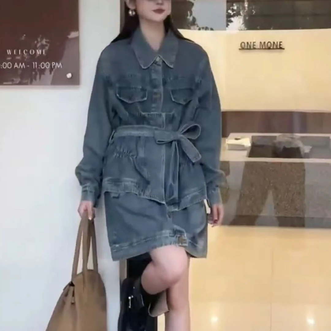长袖宽松翻领牛仔外套休闲宽松女装收腰 腰带