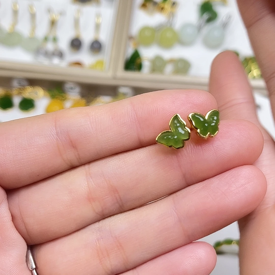 和田玉银S925镶嵌耳饰