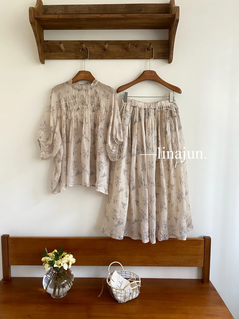 6.14《蝶衣》夏季新款文艺苎麻森系复古印花碎花小衫半身裙套装