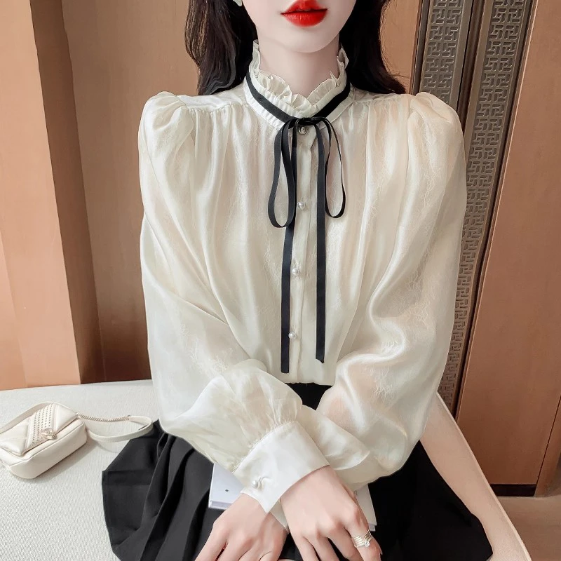 法式立领雪纺蝴蝶结衬衫女2025秋季新款小香风内搭蕾丝打底衫上衣