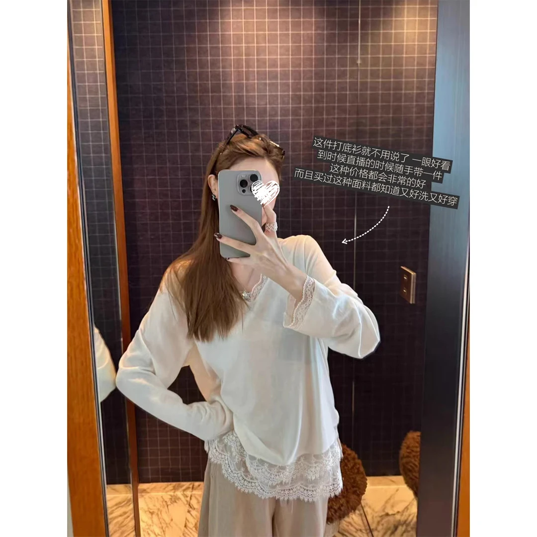 Miss sumey#4065#4066自制叠穿超仙蕾丝拼接V领打底衫休闲上衣女