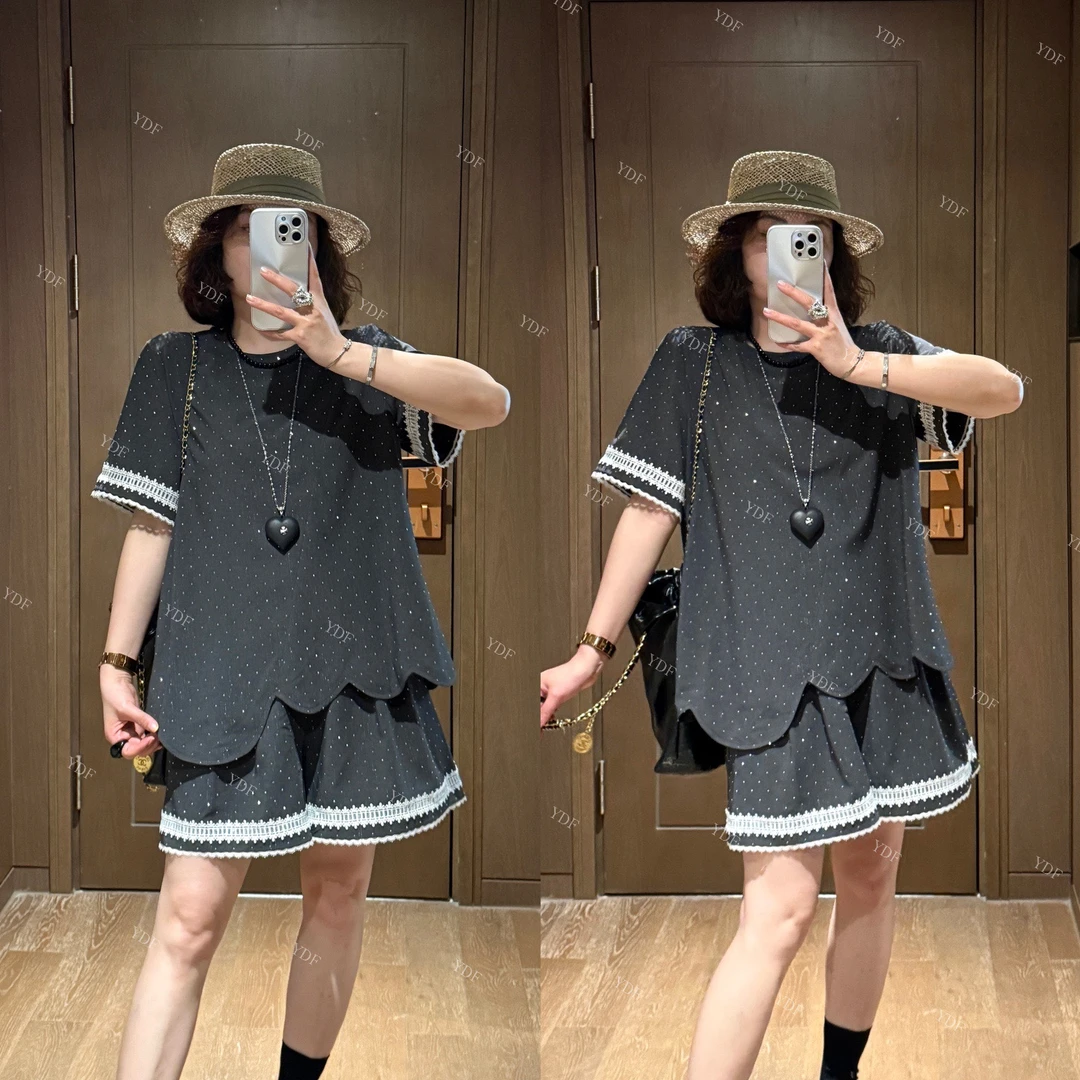 YDFSTUDIO小众【灰调典雅】欧货高品重工烫钻设计上衣+短裤套装