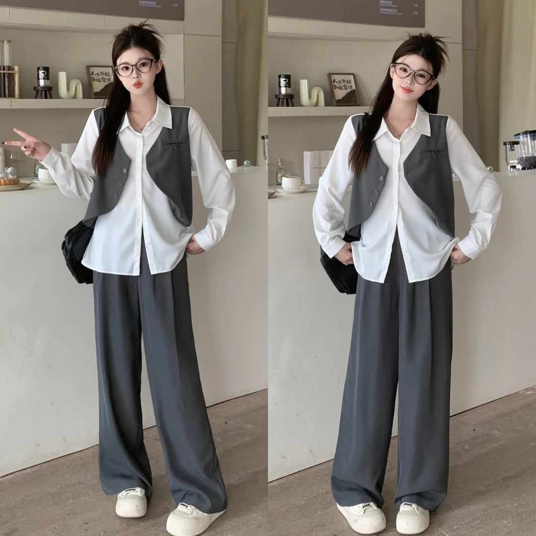 大码女装胖MM假两件衬衫+阔腿裤时尚休闲两件套装6649