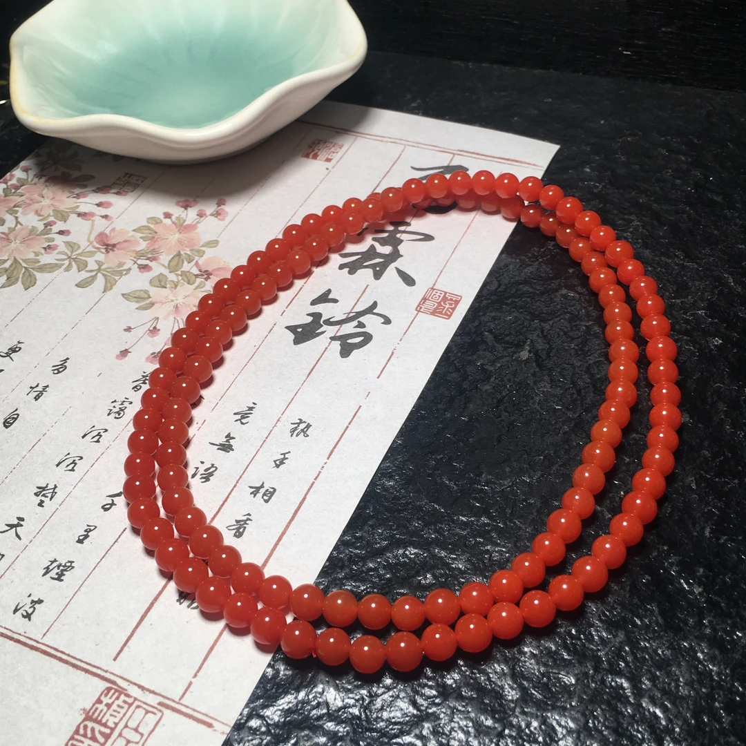 【朱锦南红】天然保山杨柳南红玛瑙多圈佛珠满色满肉手串6mm+37.8g