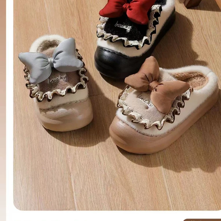 洛丽塔蝴蝶结女冬季可爱厚底保暖加绒居家棉拖鞋