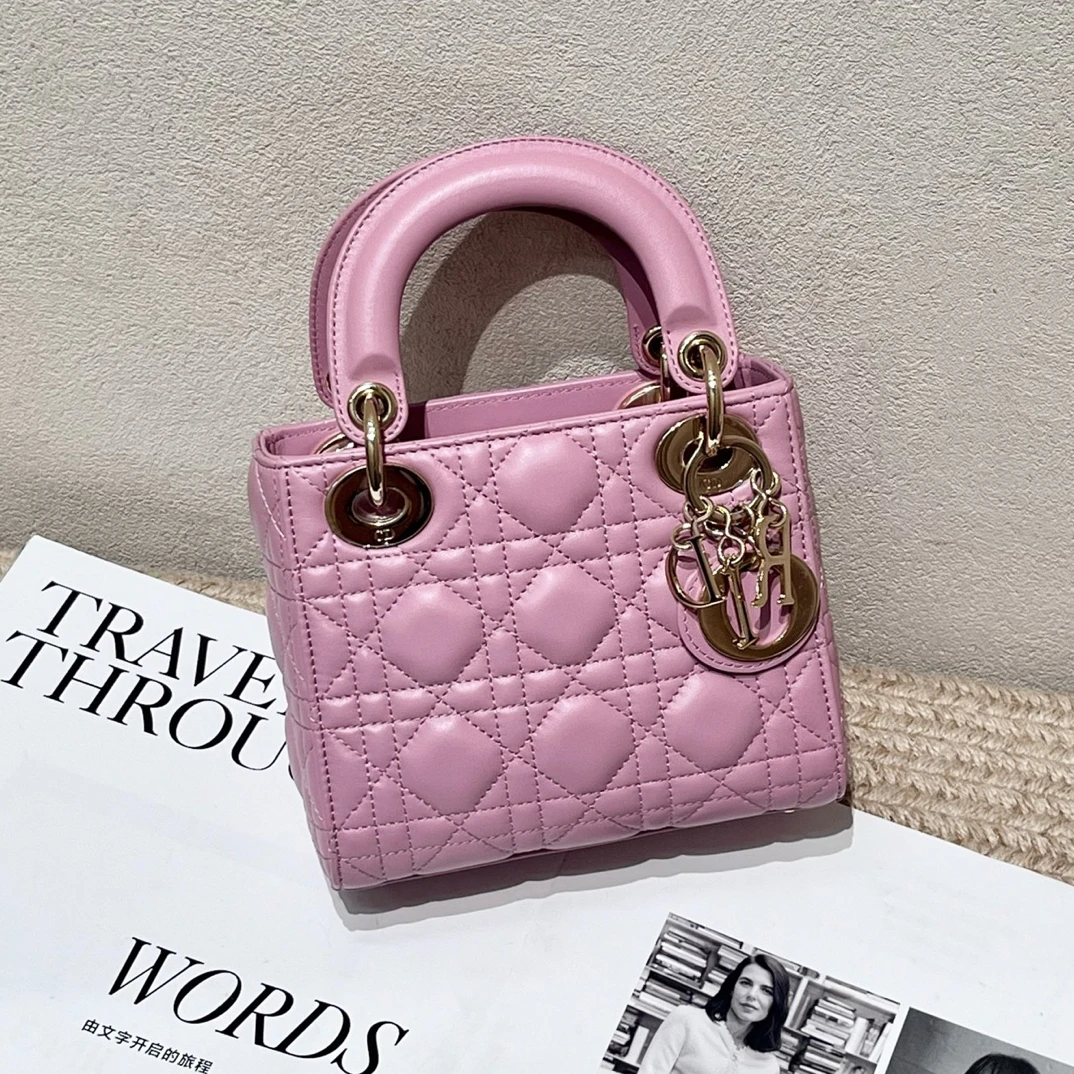 99新 DIOR/迪奥 绣球粉色金扣 三格戴妃手提包