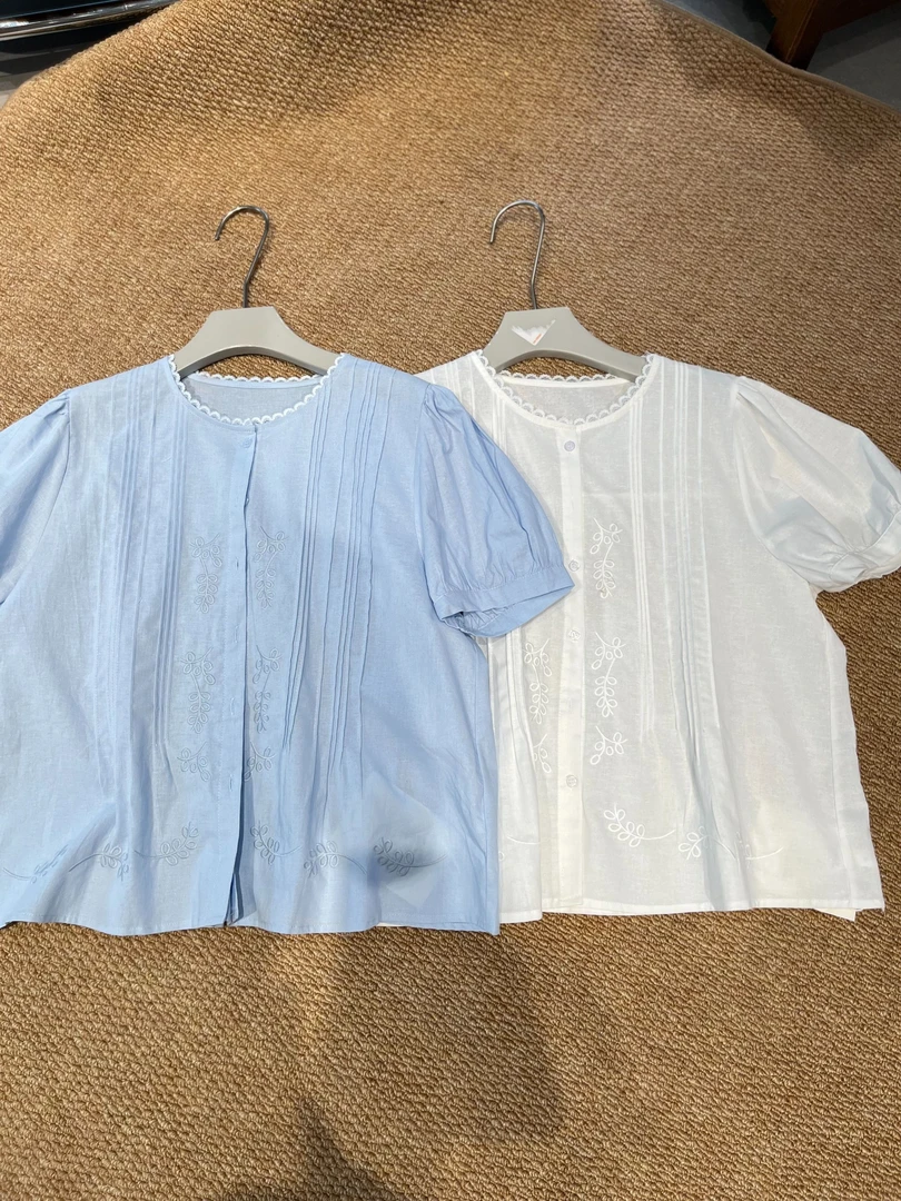 韩系夏季简约花边领拼接刺绣短袖女衬衣小衫【花影山茶】