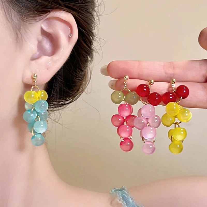 非金属树脂耳饰 森系甜美撞色串珠葡萄耳钉小清新可爱灵动高级感