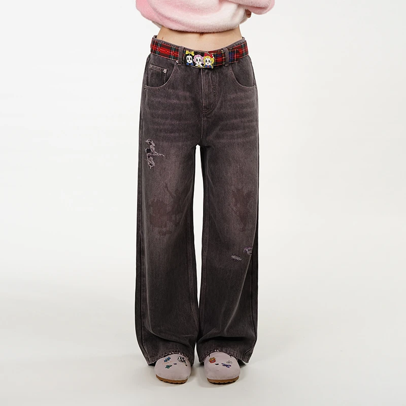 原创设计office lady系列做旧印花直筒破洞牛仔裤秋新款