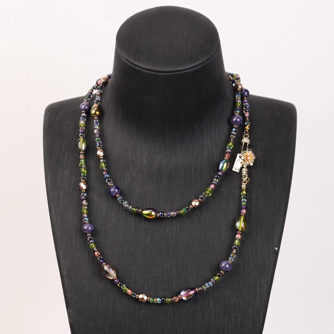 合金项链 合金项链 LZ2643 进口珠镭射三公紫金色花扣长琉璃项链