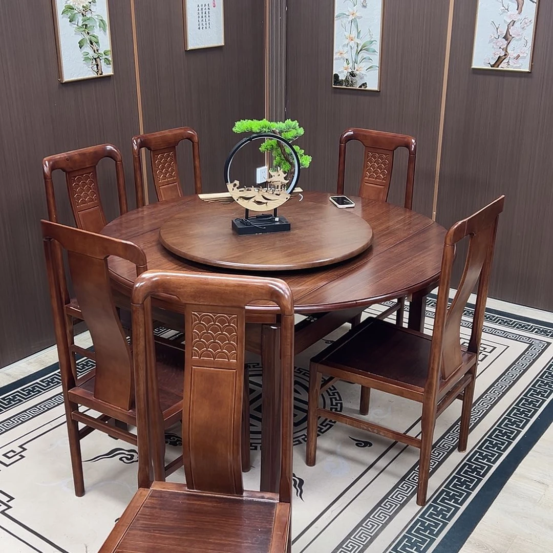 木沉**限乌金木方圆两用伸缩餐桌1.5+8张椅子+电动