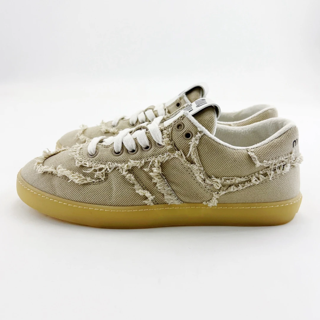 95新 MIU MIU/缪缪 37.5码/卡其色牛仔乞丐流苏德训鞋/15709936
