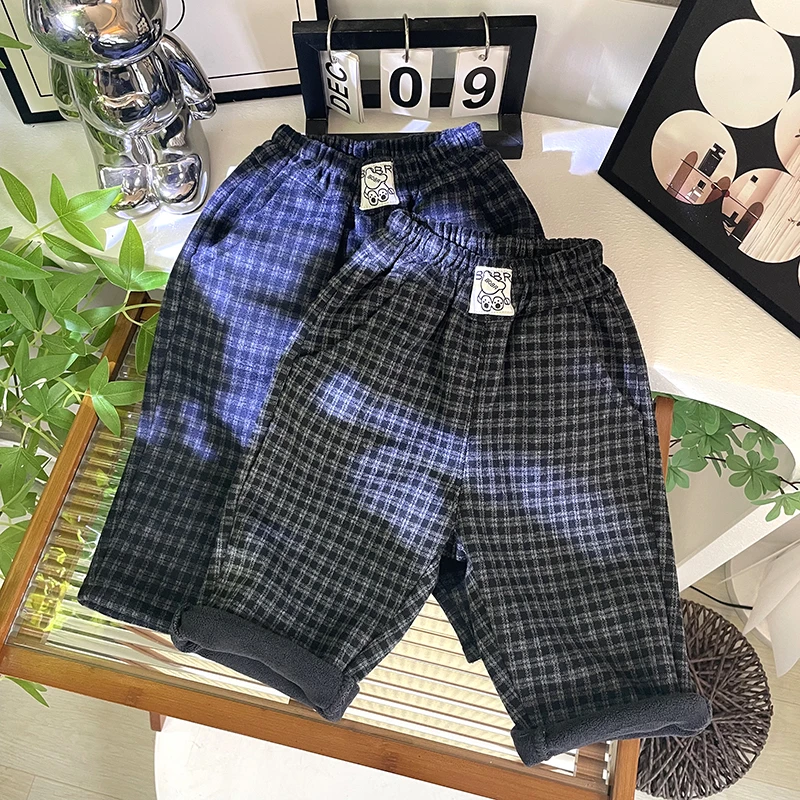 【格子加绒】儿童加绒裤子男童一体绒条纹裤子女宝宝秋冬加厚束脚裤