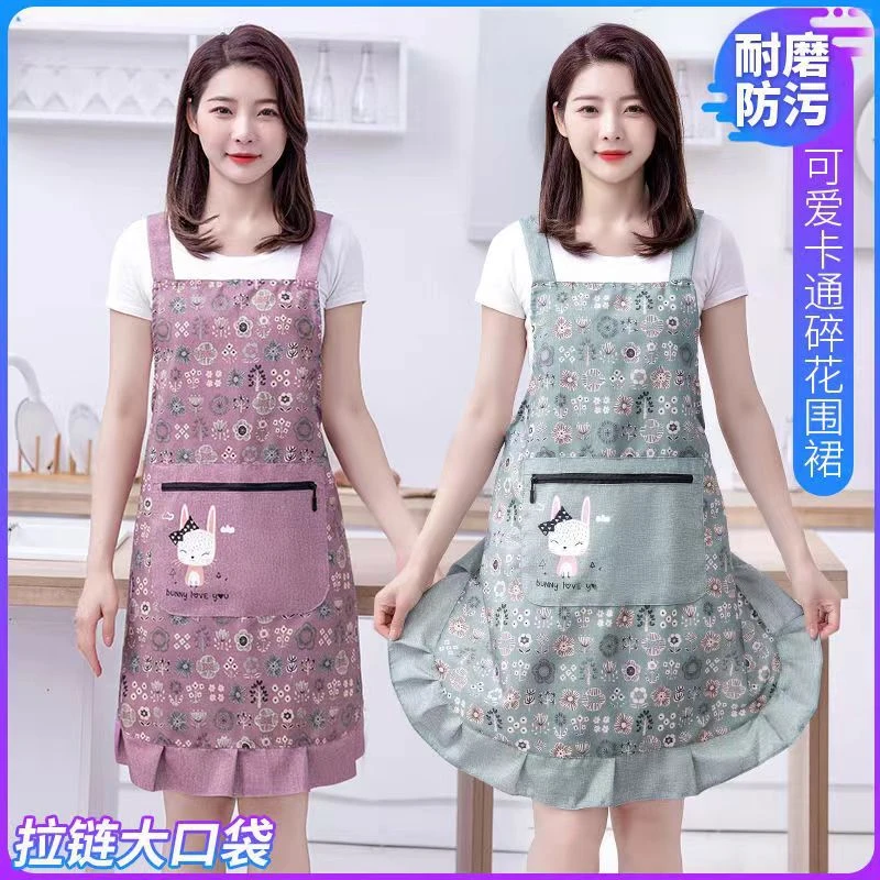 夏季新款竹节棉围裙厨房女士时尚做饭家用工作服耐磨透气上班围腰