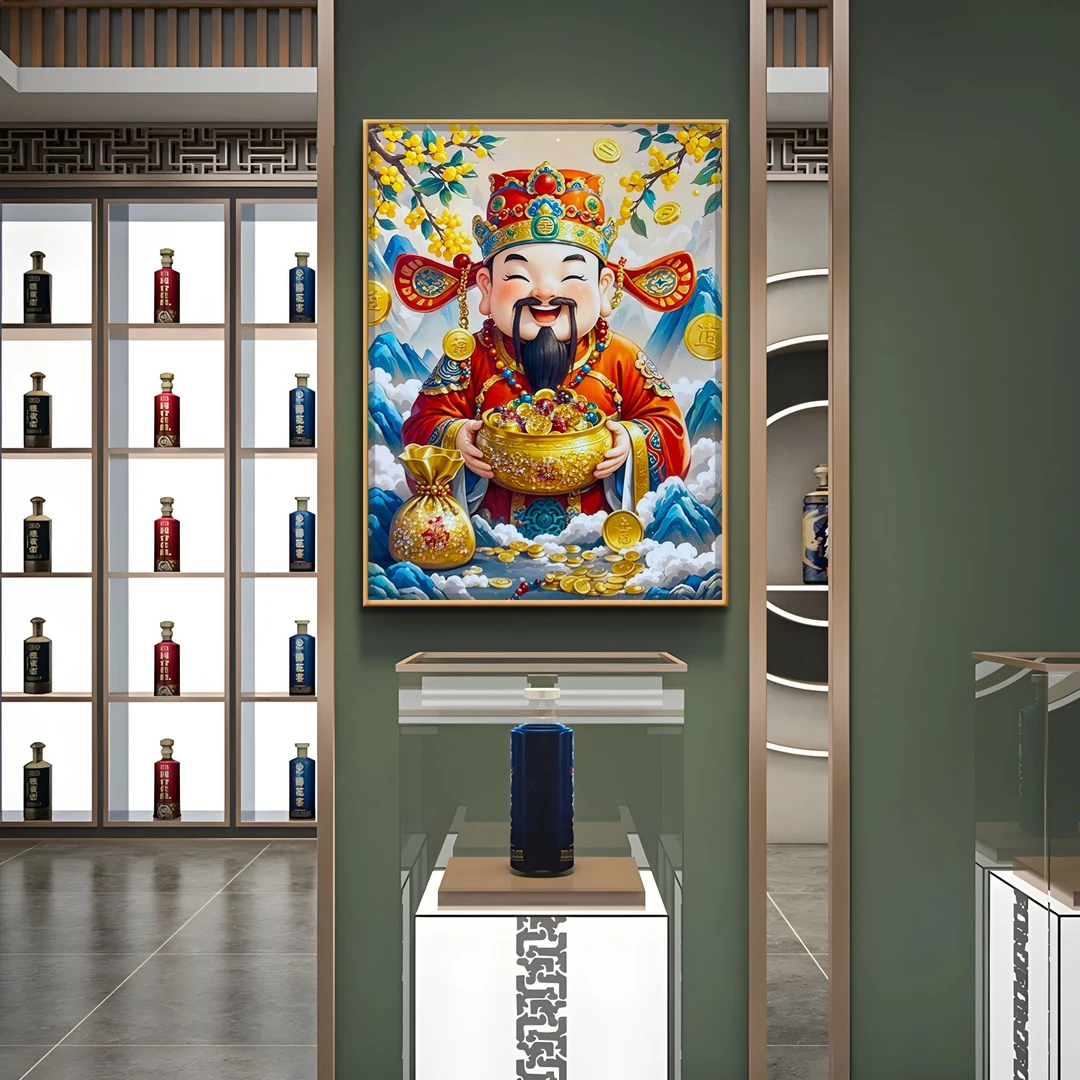 中国风晶瓷镶钻装饰画铝合金边框客厅餐厅中国风挂画送福财神6080