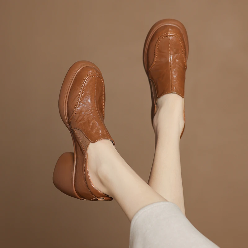 头层羊皮手工鞋/8CM粗跟增高厚底小皮鞋深口单鞋舒适乐福鞋女M709