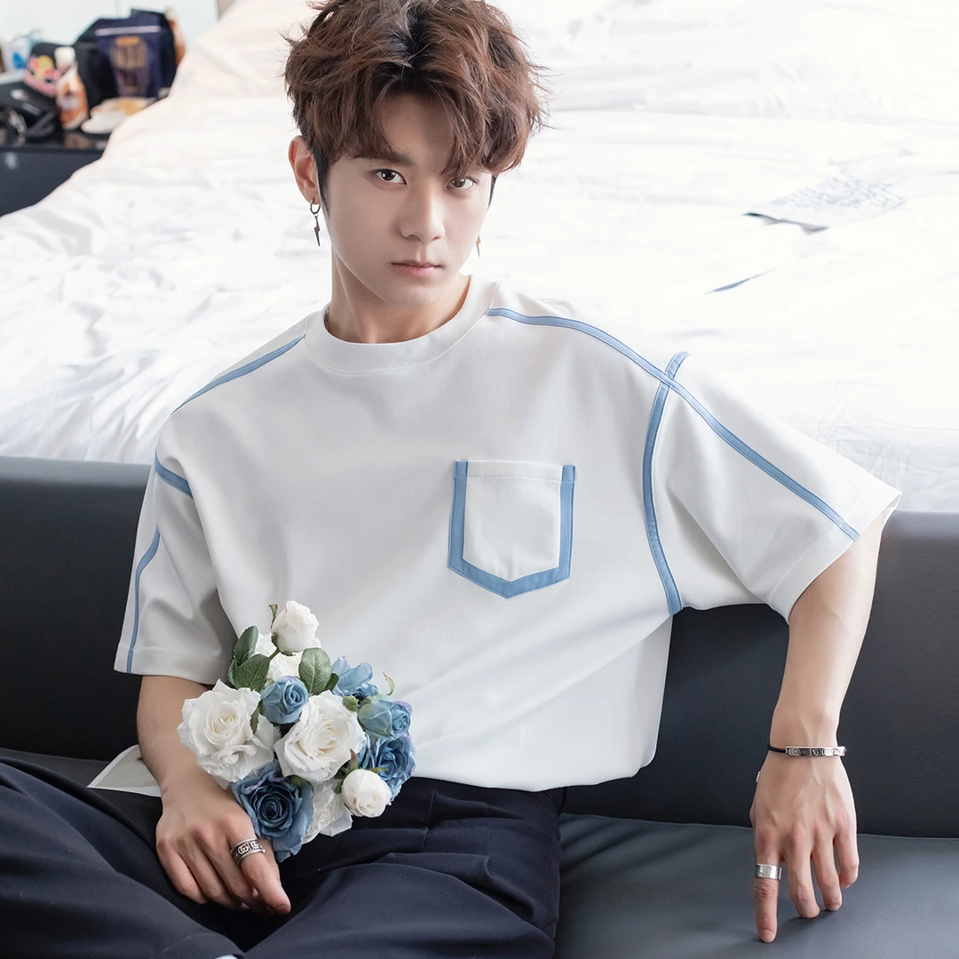 CHICERRO西西里男装牛仔拼色曼巴棉落肩撞色宽松重磅圆领短袖t恤