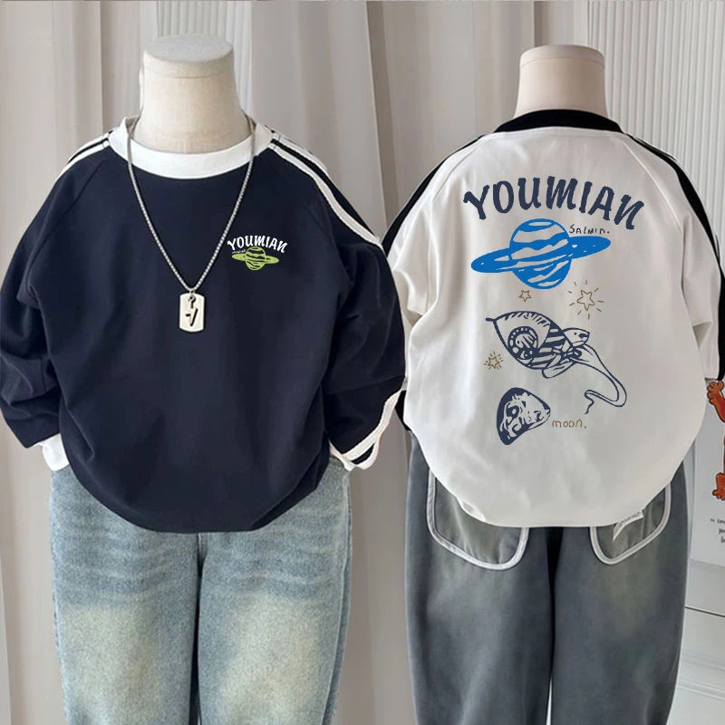 儿童长袖洋气撞色秋季新款男童女童宝宝印花T恤2025纯棉打底上衣