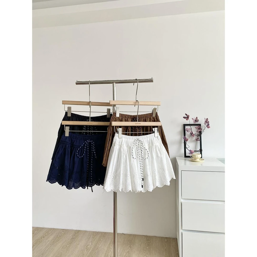 韩版甜美减龄镂空刺绣白色半身裙女夏季松紧腰小个子蓬蓬a字短裙