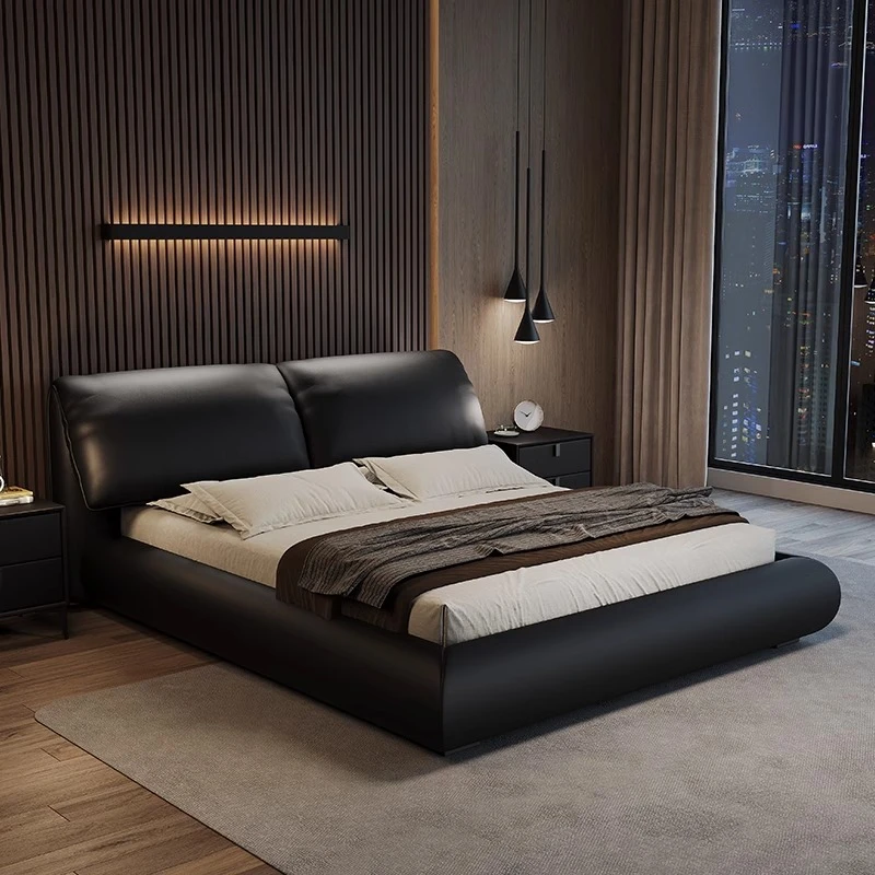 大象耳朵牛皮床羽绒靠包悬浮真皮主卧床双人大床软包床落地矮床