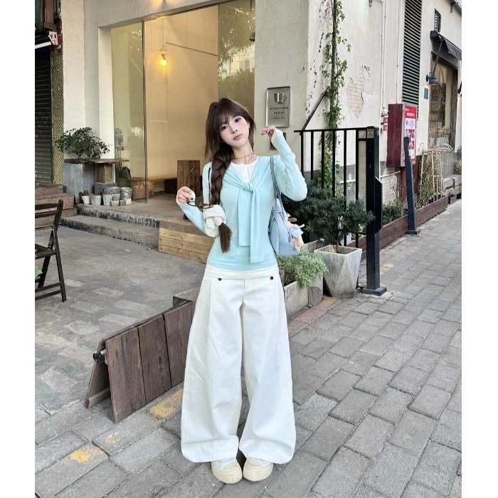 高腰休闲裤女装设计感白色长裤宽松秋季百搭直筒阔腿裤显瘦拖地裤