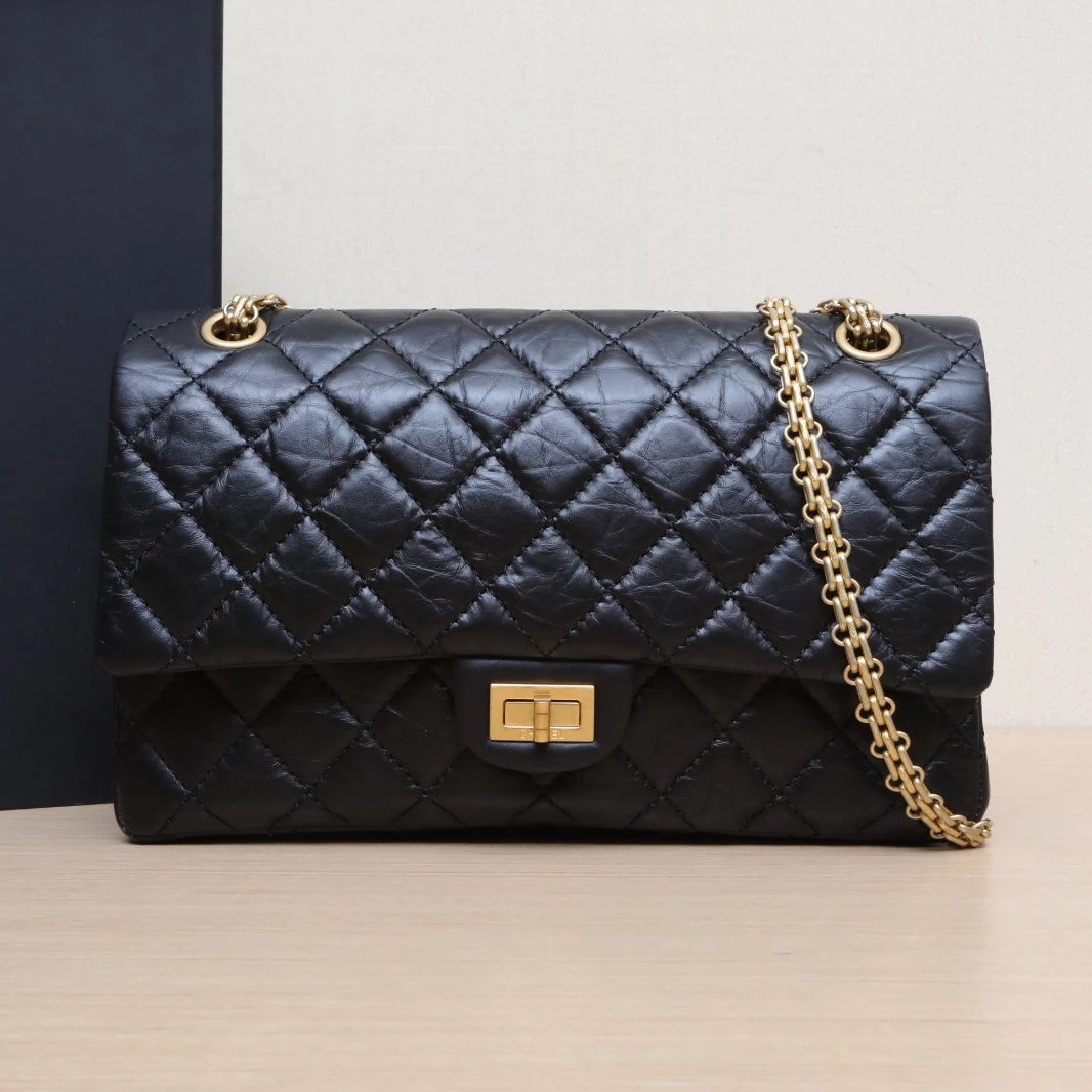 95新 Chanel/香奈儿 【双双】2.55 口盖包 大号 黑色 23开 金扣