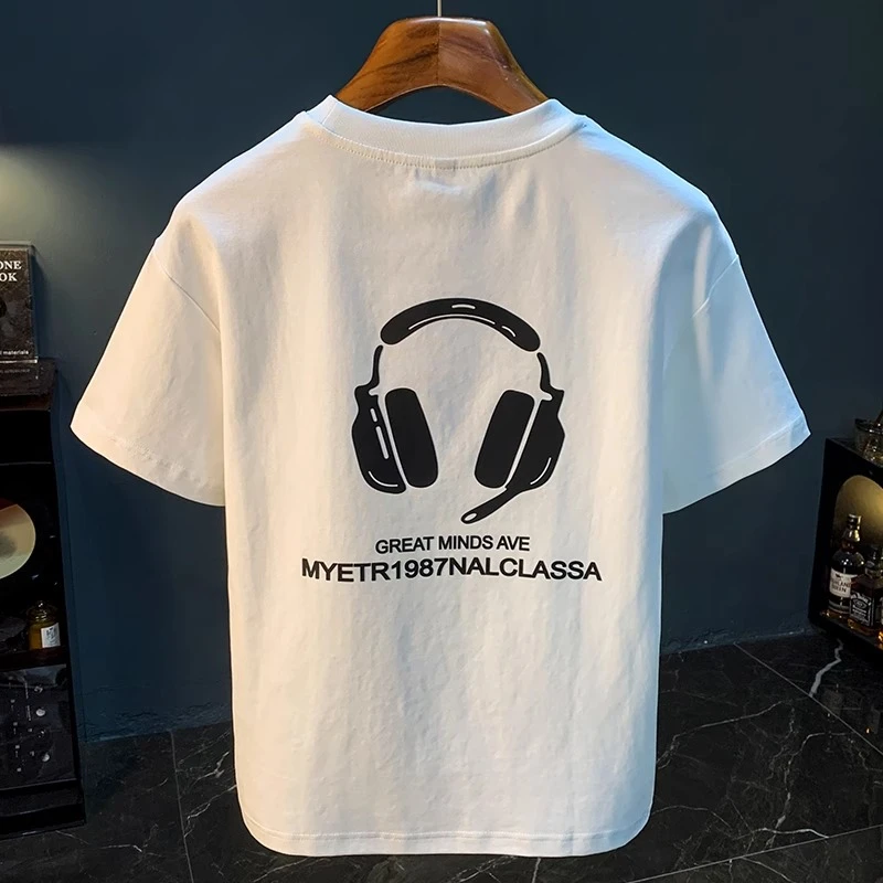 高端印花短袖T恤男款潮流宽松大码新疆棉吸汗透气半袖汗衫白t恤男