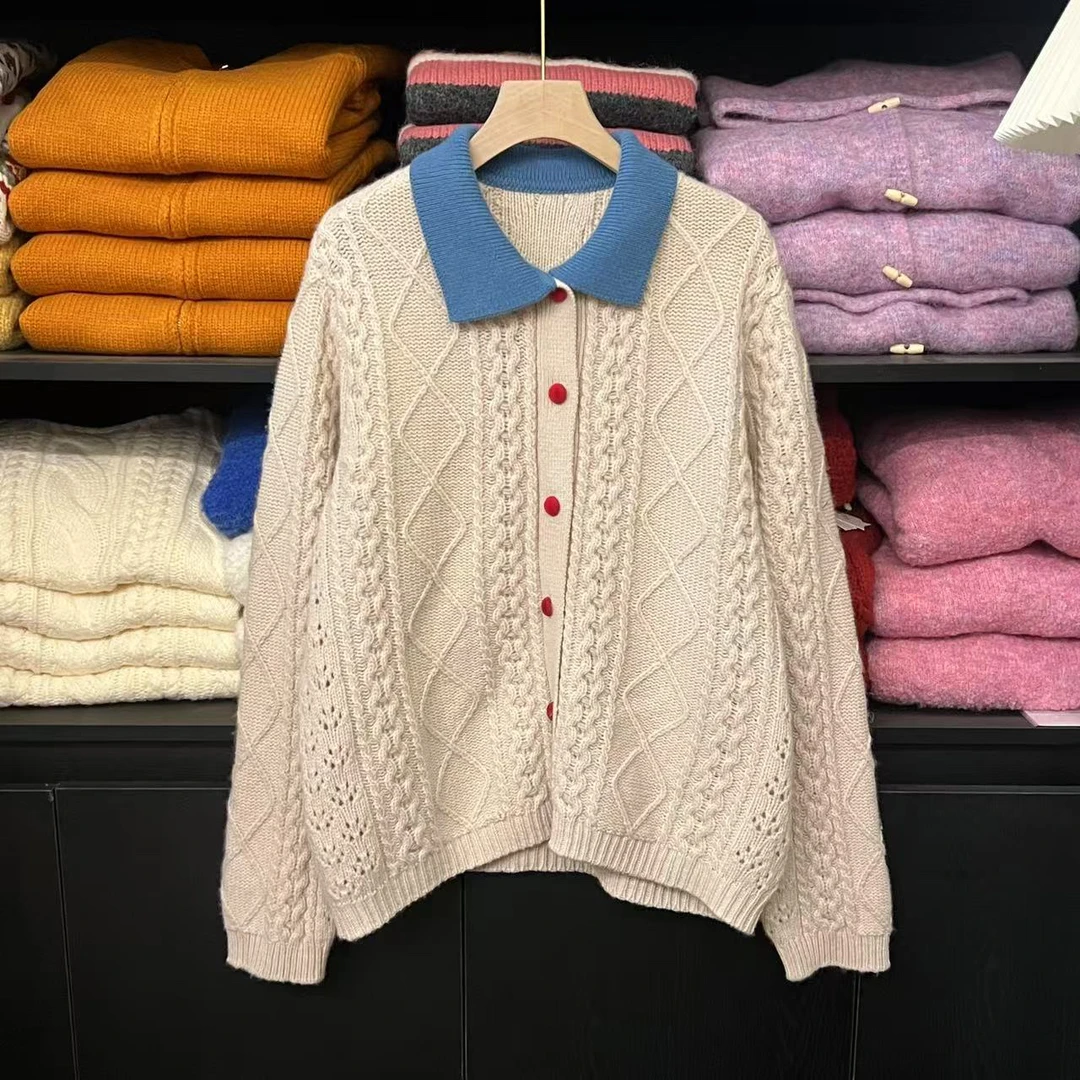 K2018 小日常~撞色polo领麻花针织开衫女春单排扣毛衣外套