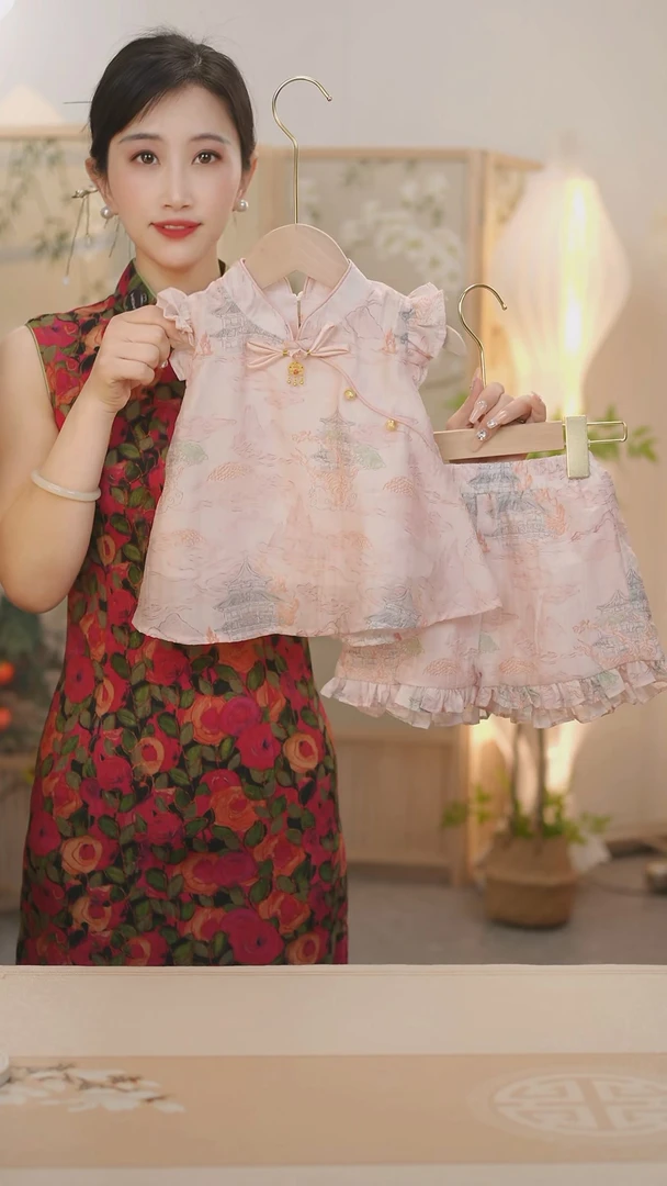 部分现货【山水楼阁】SC096女童夏季山水楼阁2025新中式国风套装