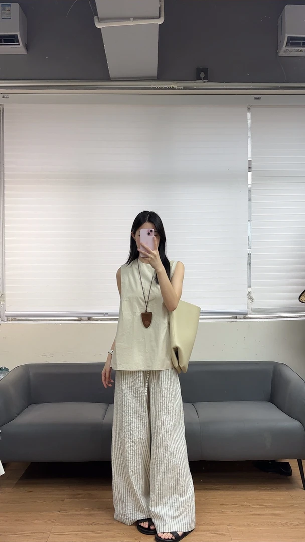 春季透气弹力腰休闲风条纹肌理感简约长裤裤