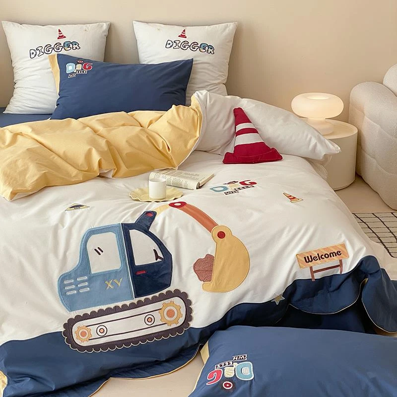 朵兰家纺-男孩挖掘机纯棉水洗棉四件套全棉卡通风被套床上用品