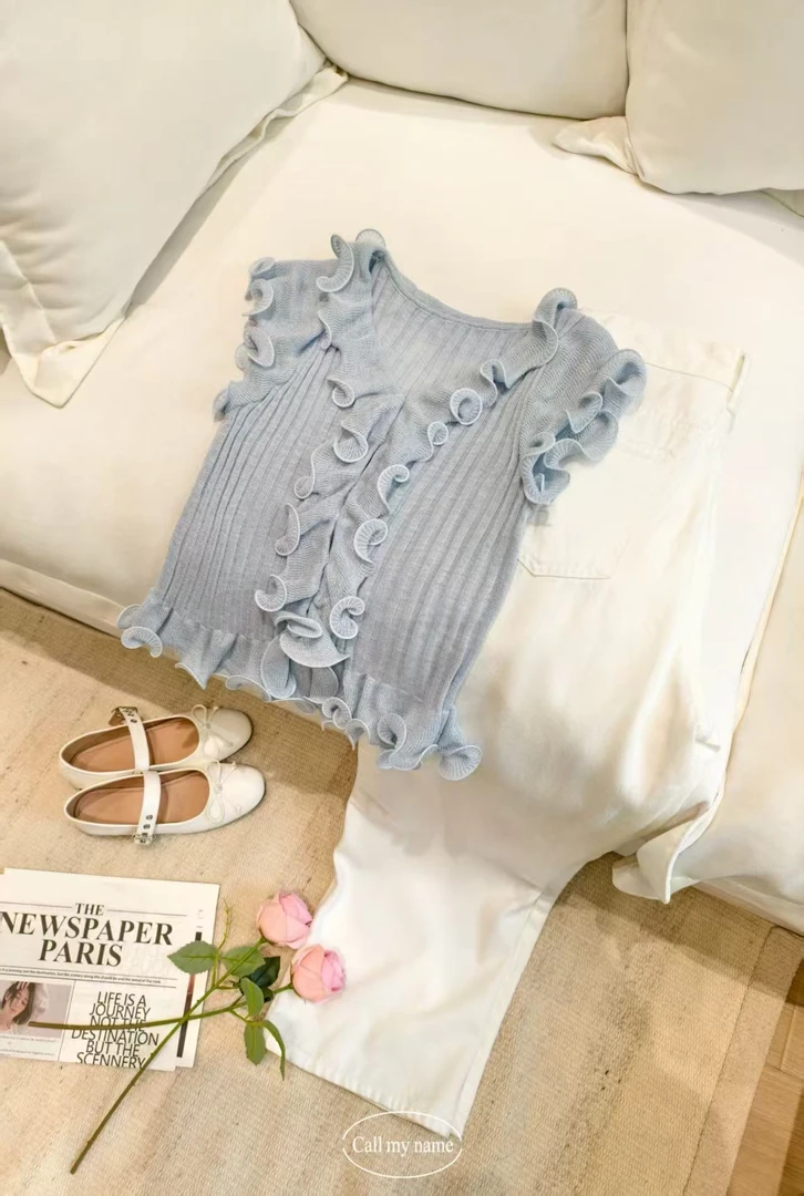 韩国代购.  Call my name   木耳  蓝色针织修身上衣L25051024