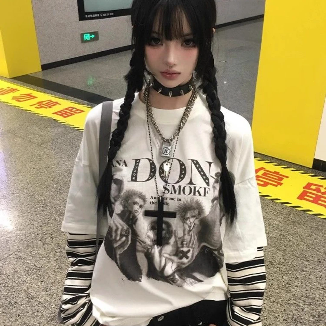美式复古条纹拼接印花长袖t恤女秋季新款假两件宽松休闲上衣
