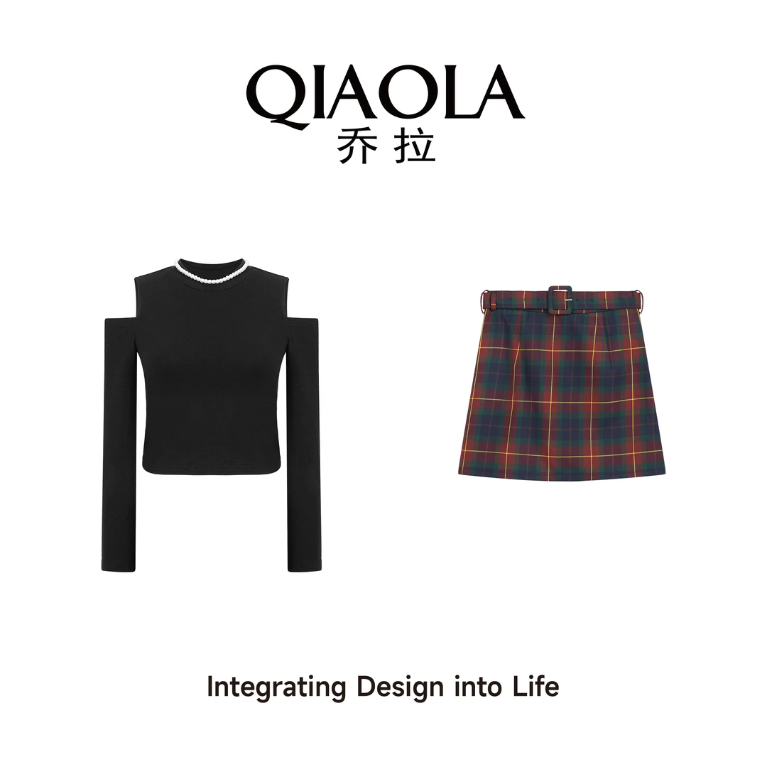 QIAOLA/乔拉【交响玫瑰夜】秋季百搭气质针织圆领格纹上衣套装预售