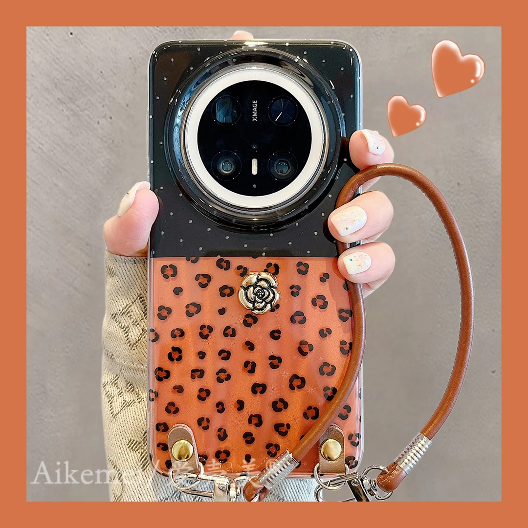 适用华为mate70pro+手机壳波点撞色Mate60pro+豹纹拼接立体山茶花