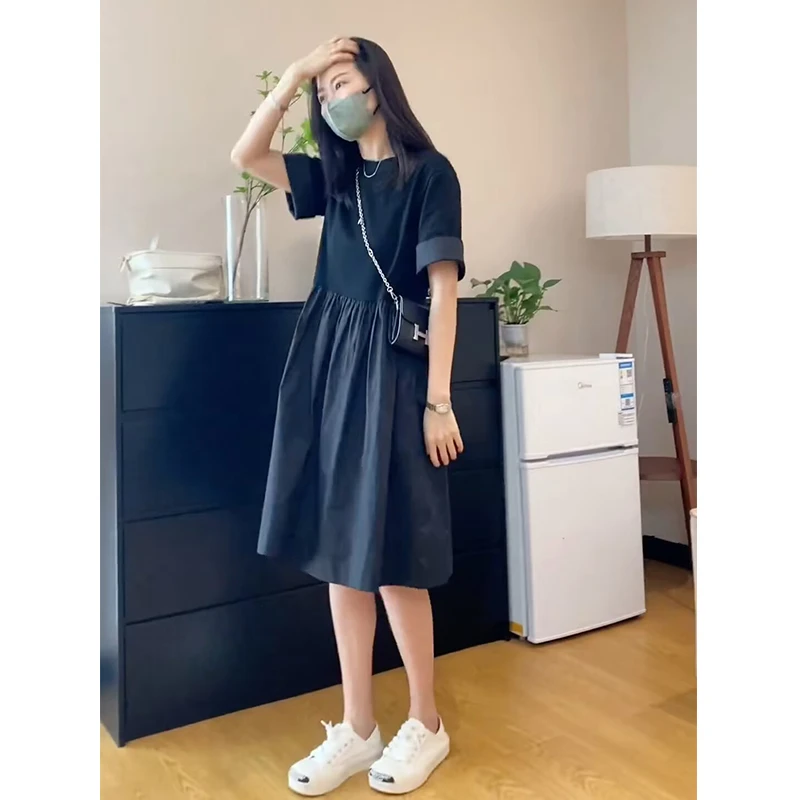 夏季新款桔梗法式遮肚子减龄显瘦梨型身材微胖女生连衣裙女小个子