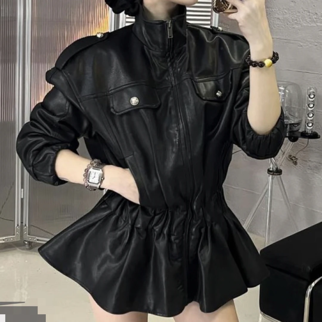 冬季新品皮衣带裙子酷飒螺纹松紧腰荷叶边下摆设计感（不配腰带）女