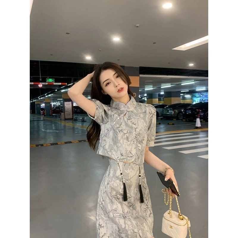 中式国风套装夏季2025新款时尚改良半身裙旗袍上衣半身短裙两件套