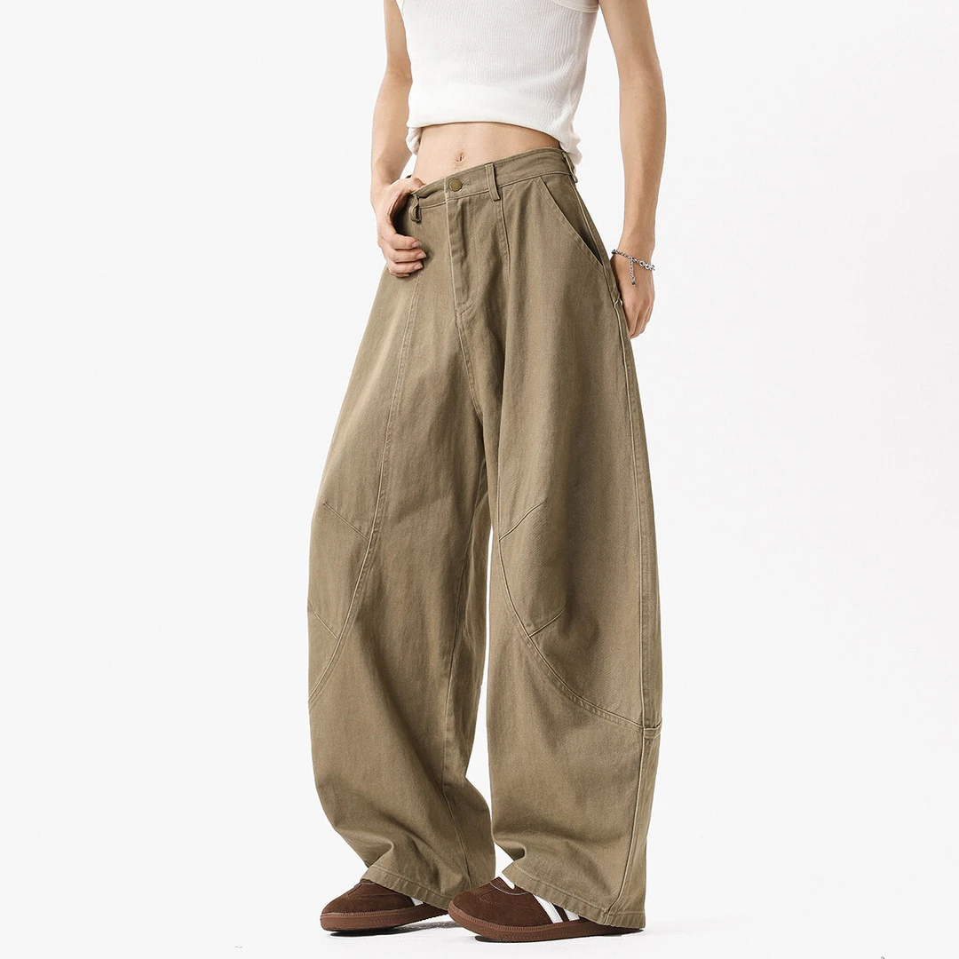 咖色凉感纯棉弯刀牛仔裤子男士夏季潮牌美式高街vintage阔腿裤子