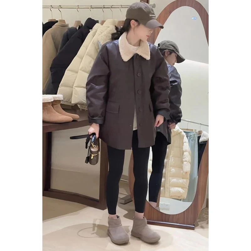 【翻领加棉皮衣】冬季新款韩版休闲时尚宽松复古翻领单排扣外套女