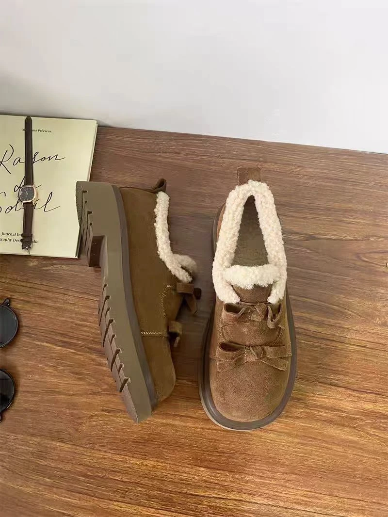 2024新款蝴蝶结厚底加绒女冬季新款圆头平底毛毛鞋926-50