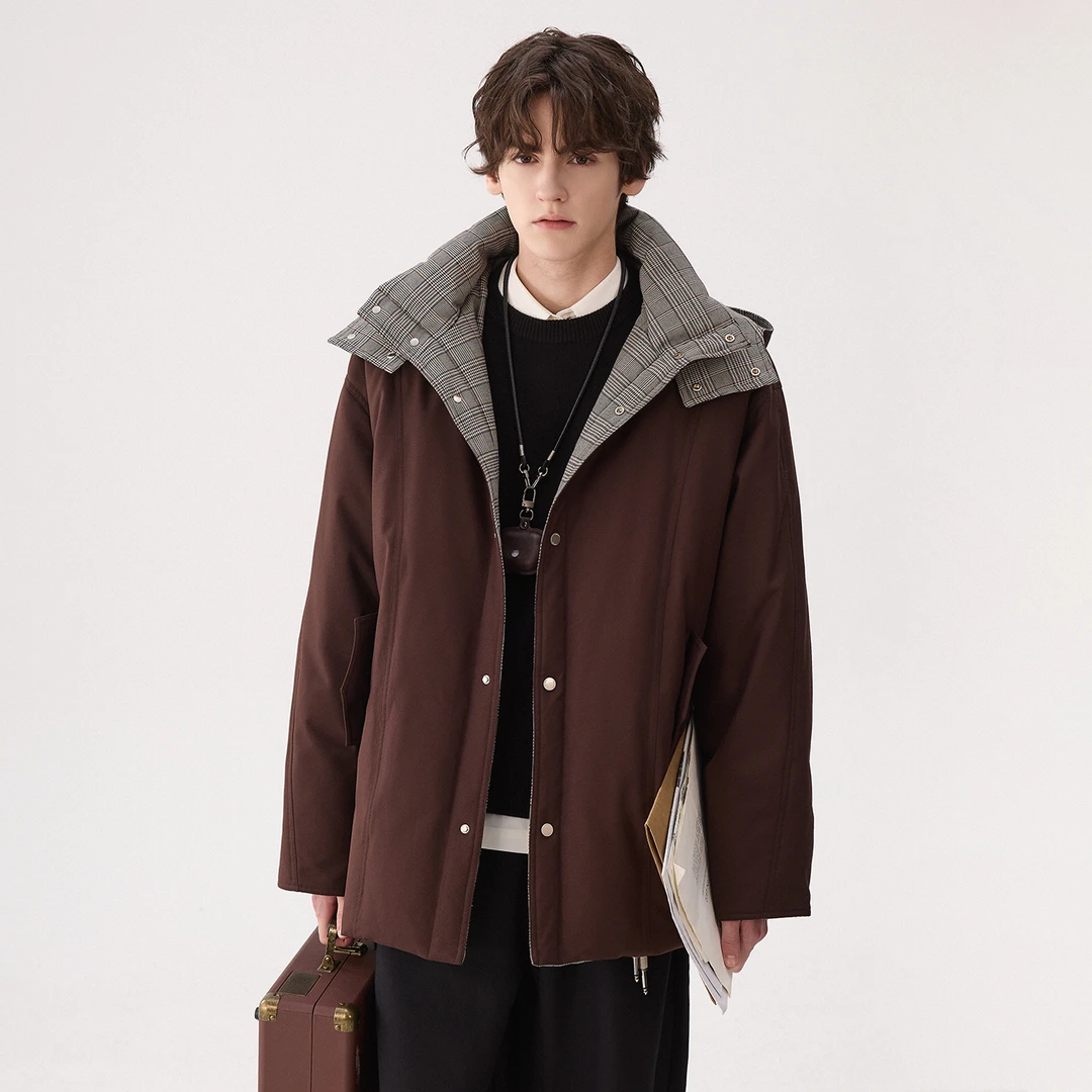 CHICERRO西西里男装威尔斯亲王格纹羽绒时尚休闲连帽加厚保暖