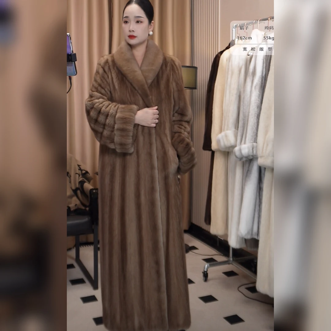 “古着画报”紫标天鹅绒全抽刀水貂皮草女整貂外套母貂皮大衣长款