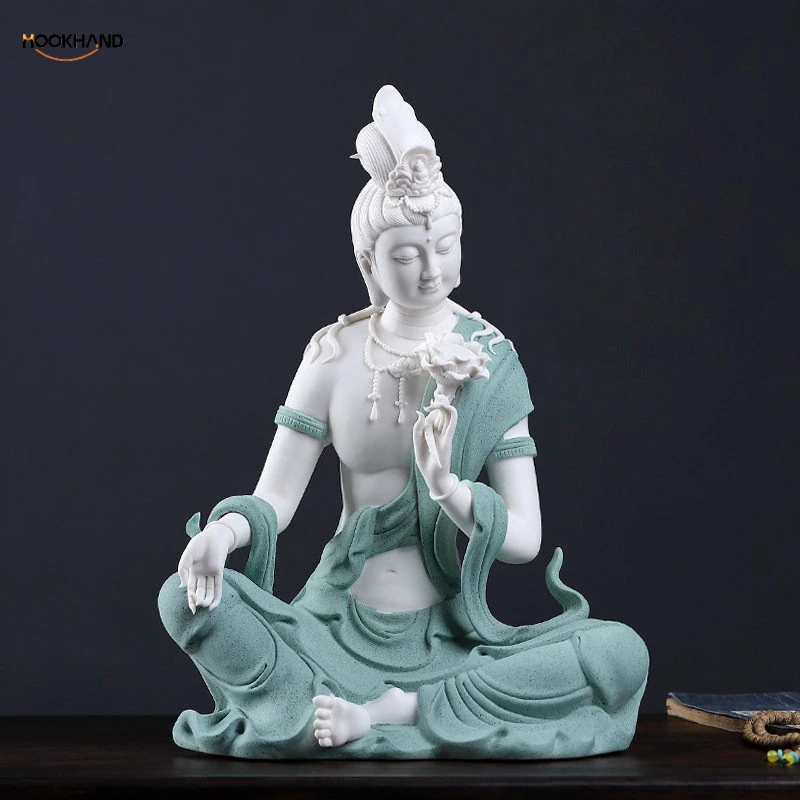 陶瓷莲花水月自在观音新中式禅意客厅玄关摆件佛像工艺品