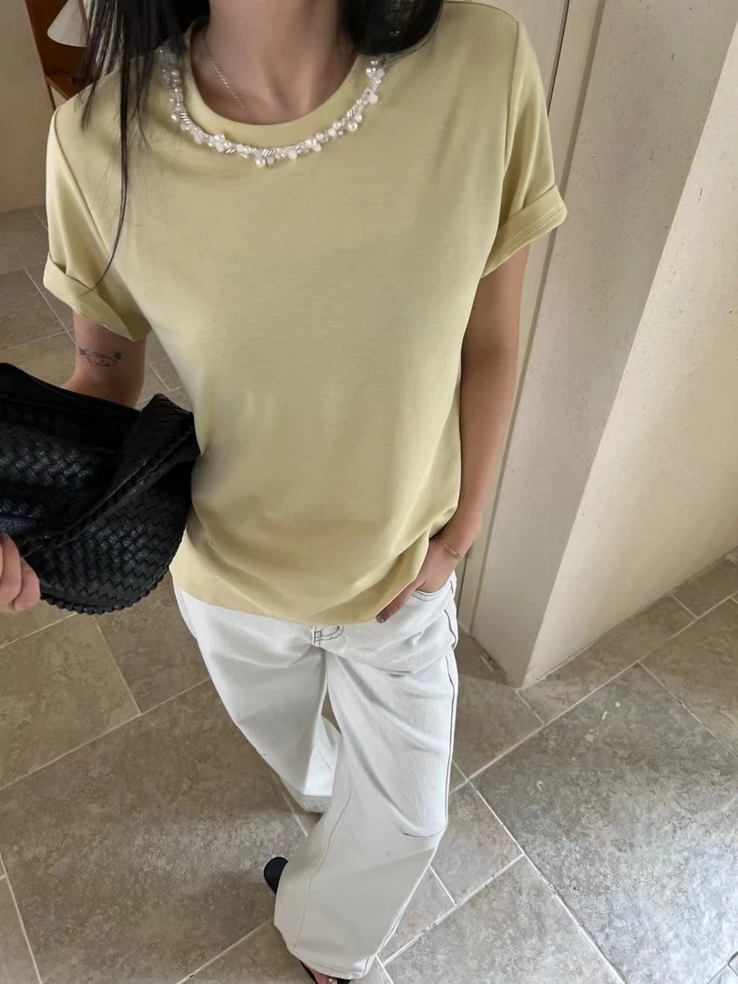 休闲百搭两色珍珠领口短袖T恤